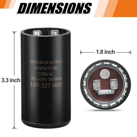 189-227 uF 330V AC Round Start Capacitor dimensions and top view with terminals, Go-To Universal Replacement For Electric Motor Applications.