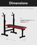 Weight Bench With Squat Rack And Adjustable Recliner - Foldable Home Gym Gear, 40x12 dimensions, red and black steel bench