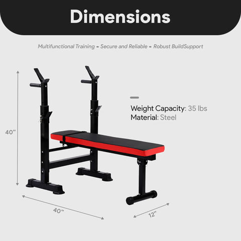 Weight Bench With Squat Rack And Adjustable Recliner - Foldable Home Gym Gear, 40x12 dimensions, red and black steel bench