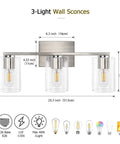 Three Light Vanity Wall Light in Brushed Nickel for Bathroom Over Mirror with glass shades, size and features diagram