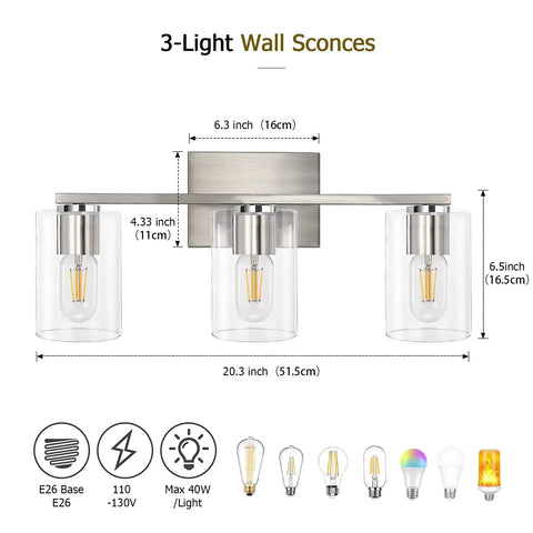 Three Light Vanity Wall Light in Brushed Nickel for Bathroom Over Mirror with glass shades, size and features diagram