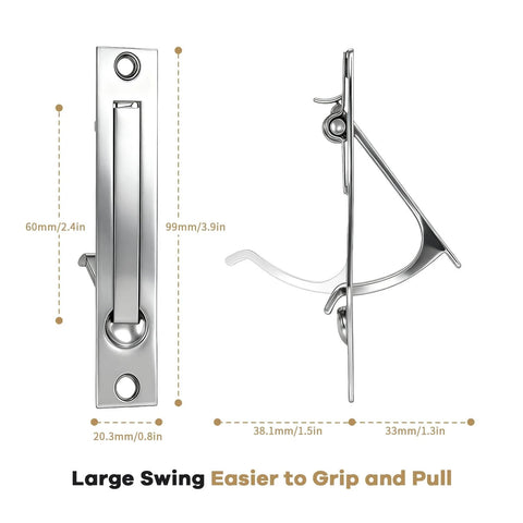 Brushed Silver Pocket Door Hardware Set With 2 Recessed Flush Finger Pulls And 1 Edge Pull Stainless Steel Pocket Door Pull For Sliding Barn Doors Built To Last Rust Resistant 1 Pack, side and front view with dimensions