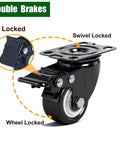 2 Inch Caster Wheels With Brake Heavy Duty Swivel Casters Set Of 4 Total Capacity 600 Lbs Industrial PU Wheels Locking Small Casters For Furniture Trolleys And Workbenches Black Durable Steel Housing, side view illustration showing double brake mechanism.
