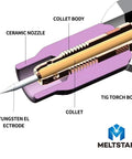 Cross-section of TIG torch showing lanthanated TIG welding tungsten electrode 1.5 percent WL15 gold, collet, and ceramic nozzle.