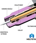 Cross-section of TIG welding torch with labeled ceramic nozzle, collet body, collet, and tungsten electrode for Pro Grade TIG Welding Tungsten Electrodes Set With Pure Cerium Lanthanated And Rare Earth Blend Seven Piece One Sixteenth Inch Mix Color Coded Red Green Gray Blue Turquoise All In One Pack For Diverse Welds.