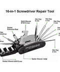 16-in-1 multi tool screwdriver shown with various hex keys, screwdrivers, and wrench components. Part of Assioma Duo Upgraded accessories.