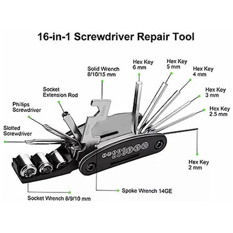 16-in-1 multi tool screwdriver shown with various hex keys, screwdrivers, and wrench components. Part of Assioma Duo Upgraded accessories.