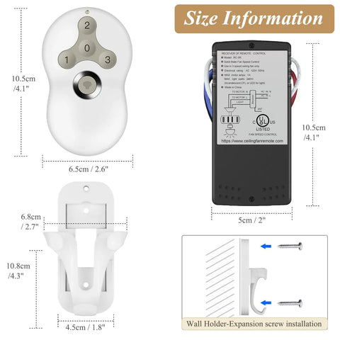 Ceiling Fan Remote Control Kit With 3 Speed Settings And Dimmer, Universal Receiver Compatible With Most Ceiling Fans, Works With Hunter 99122 99123 99600 And Other Brands, Quick Install; shows remote, receiver, holder dimensions and wall mount.
