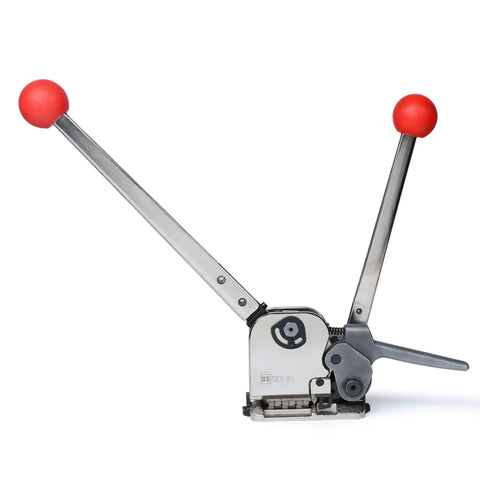No Sweat Heavy Duty Manual Steel Strapping Tool Latching Half Inch To Three Quarter Inch Bands Without Any Buckles using a smooth tensioner.