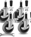 Front exploded view of four 4-inch caster wheels with locking brakes and expanding stems for 3/4–7/8 inch tubes.
