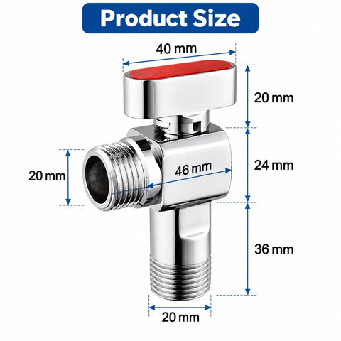 Top Shelf 1/2 Inch Brass Angle Shut Off Valve With Slick Chrome Coating And Hassle Free Red Handle For Heavy Duty Water Heater And Home Plumbing Projects, showing product size dimensions.