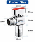Heavy Duty Half Inch Angle Stop Valve 2 Pack Brass Ball Shut Off With Red And Blue Handles For Water Heater Kitchen Plumbing High Flow Chrome Plated Finish No Sweat Install Rock Solid Durability Proven, measuring 46mm with red handle.