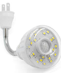 Close-up of LED Motion Activated Night Light With Rotating Head And Flexible Sensor No Fuss Plug In AC Outlet Wall Lamp.