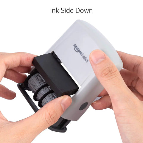 Heavy Duty Self Inking Date Stamp For Office Documents Legal Papers And Corporate Mail Featuring Bold Saturation Marks And A Flexible Ten Year Setting Slick Abs Build No Brainer Daily Workhorse with hands adjusting.