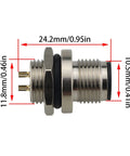 Side view of 2 Pack M12 4 Pin Male Aviation Panel Mount Connector Waterproof Back Mount Socket with nickel-plated threads, 24.2mm length
