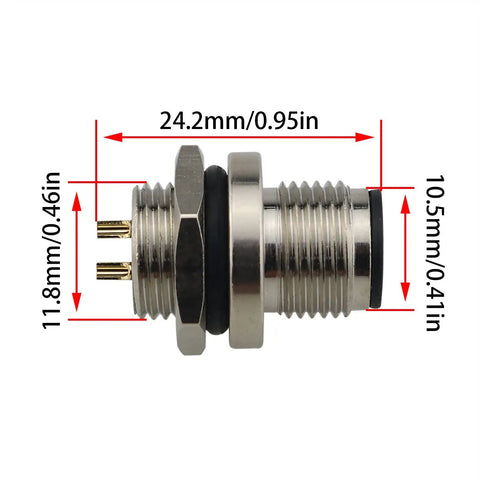 Side view of 2 Pack M12 4 Pin Male Aviation Panel Mount Connector Waterproof Back Mount Socket with nickel-plated threads, 24.2mm length