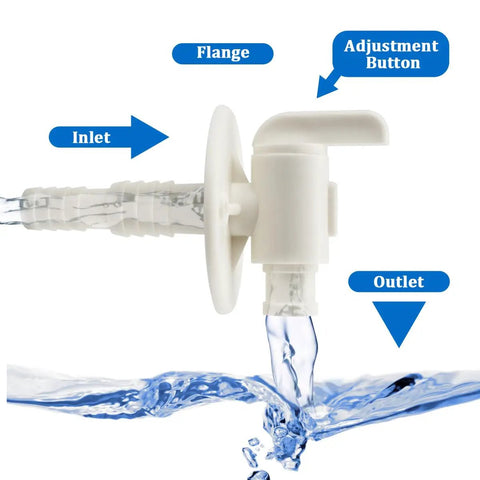 Universal RV Fresh Water Tank Drain Valve Replacement For 3/8 Or 1/2 Inch Hose Barb With Flange shown in use with water flow.
