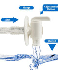 Low Point Drain Valve Replacement For RV Fresh Water Tank with easy release, showing inlet, outlet, and adjustment button, for 3/8 or 1/2 inch hose.