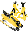 Two Ton Floor Jack With Jack Stands Set, Heavy Duty Hydraulic Trolley Car Jack For Auto Repair, Quick Lift Piston Pump, Steel Construction, Large Saddle, Casters, Safety Lock, Yellow with two jack stands and lifting handle.