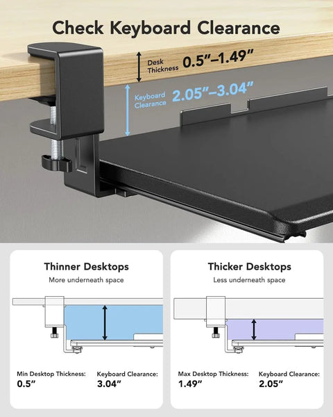Diagram showing installation of Under Desk Keyboard Tray With C Clamp Mount, 26.5 Inch Wide Sliding Keyboard And Mouse Tray For Home Office.