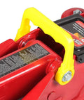 Close-up of red 2 Ton Hydraulic Trolley Floor Jack With Blow Mold Carry Case Heavy Duty Steel Build handle and labeling details.