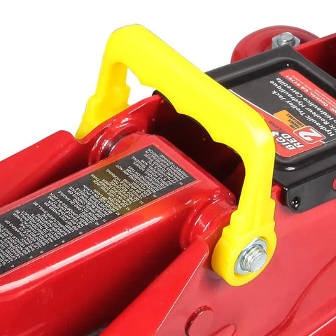 Close-up of red 2 Ton Hydraulic Trolley Floor Jack With Blow Mold Carry Case Heavy Duty Steel Build handle and labeling details.