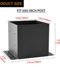Heavy Duty Black Powder Coated 6x6 Post Base Brackets For Deck Porch Fence Railing And Pergola Support 4 Pack With Inner Size 5.6 By 5.6 Inches Durable Steel Anchor front view with dimensions