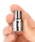 Close-up of hand holding 10mm socket from Half Inch Drive 29-Piece 6-Point Socket Set With Ten To Thirty-Eight Millimeter Sockets Built For Auto Repairs And DIY Projects Includes Sturdy Case For Easy Storage Model SHD92010.