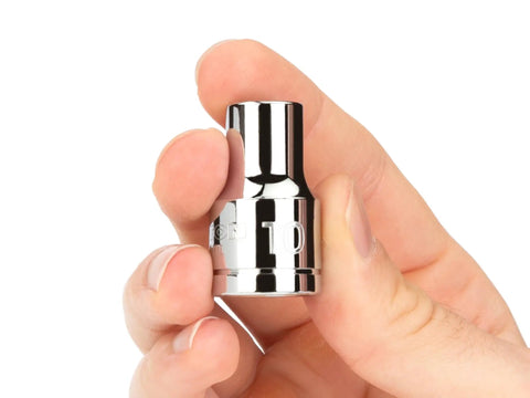 Close-up of hand holding 10mm socket from Half Inch Drive 29-Piece 6-Point Socket Set With Ten To Thirty-Eight Millimeter Sockets Built For Auto Repairs And DIY Projects Includes Sturdy Case For Easy Storage Model SHD92010.