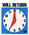 Durable Will Return Front Door Sign For Small Biz And Retail Stores Made From Heavy Duty Tear Resistant Plastic, clock style.