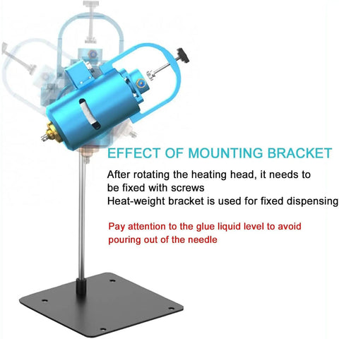 Easy Setup Hot Melt Glue Dispenser 30ml With Foot Switch And Mounting Bracket For Electronics Assembly, No Sweat To Use, Precise Glue Flow From Continuous To Drip, Rotatable Heating Head For Clean, Reliable Bonding, blue metal dispenser on stand