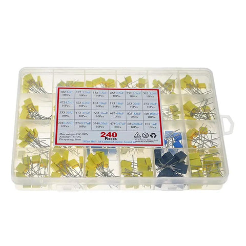 Film Box Capacitor Assortment Kit 240Pcs, Metallized Polyester Capacitors 1nF To 1uF, 24 Values, 63V-100V in open case