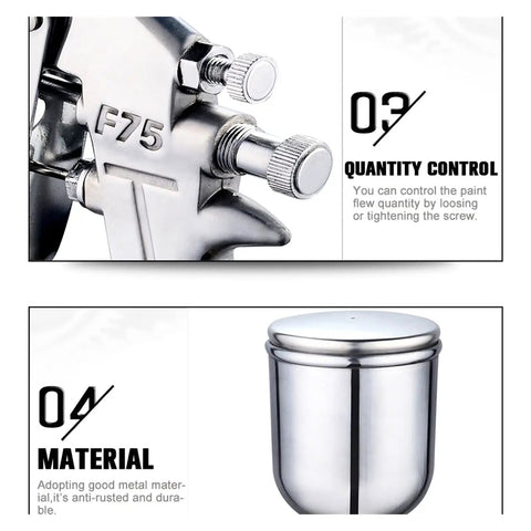 Heavy Duty 400ML Pneumatic Spray Gun With Separate Fluid And Fan Adjustments Professional Alloy Atomizer close-up of control knobs and fluid cup.