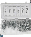 Premium 150 Pack R Shape Cotter Pins Made From Tough Carbon Steel For Heavy Duty Engineering Jobs in storage box.