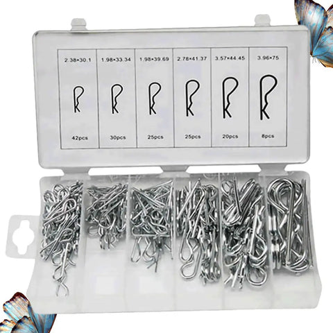 Premium 150 Pack R Shape Cotter Pins Made From Tough Carbon Steel For Heavy Duty Engineering Jobs in storage box.