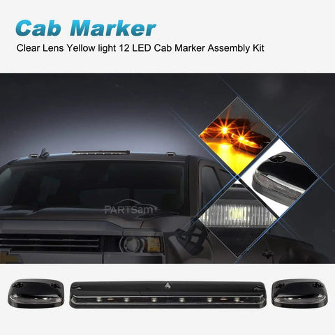 Clear Lens Cab Roof Marker Lights With 12 LED Amber Top Assembly for Silverado Sierra Rigs 2007-2014 displayed on truck