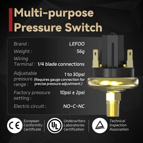 Adjustable Air Pressure Switch With 10 Psi Set Point Plus Minus 3 Psi, Pressure Gauge Included, 1 To 30 Psi Range, Industrial Grade