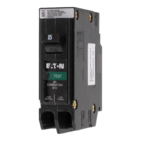 15 Amp Arc Fault Circuit Breaker AFCI Single Pole Plug On Neutral 120V AC 10kAIC UL Listed Home Electrical Safety Upgrade for Circuits and Outlets Today, Eaton BR front view