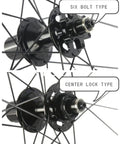 Carbon Gravel Wheelset 700C Tubeless Disc Braking 45mm Depth Center Lock Thru Axle Toray T700 comparing hub types.