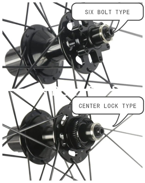Carbon Gravel Wheelset 700C Tubeless Disc Braking 45mm Depth Center Lock Thru Axle Toray T700 comparing hub types.