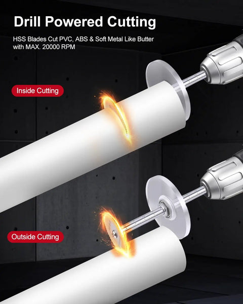Internal PVC Pipe Cutter Kit With Six Blades And Seven Inch Adjustable Depth Gauge, Diamond Cutting Wheels For Plastic And Metal, Drill Powered Pex Cutter Plumbing Tool For Precise Inside Cuts, DIY Friendly And Ready To Roll, inside and outside pipe cutting demo