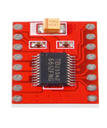 Close-up of TB6612FNG Dual DC Motor Driver Module for two motors with 1.2A continuous and 3.2A peak current on red circuit board