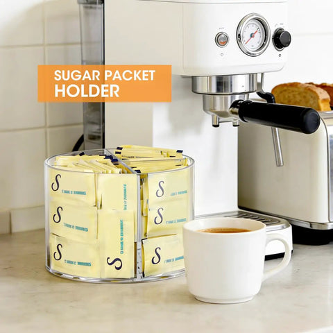 Drink Packet Organizer With 360 Degree Lazy Susan Turntable For Hydration Packets And Water Flavor Mixes next to espresso machine