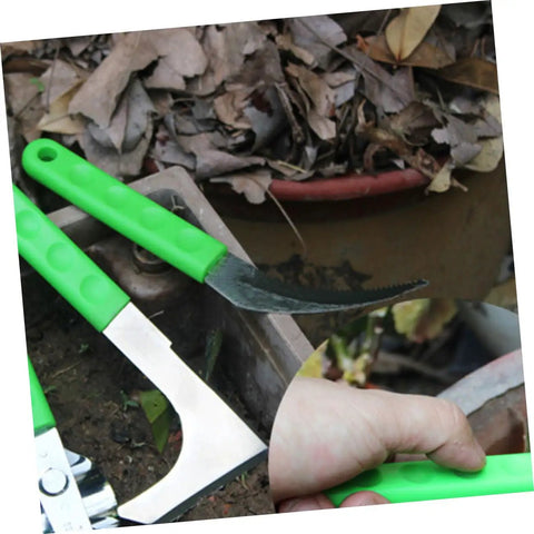 Two Piece Weeding Tool Set Pro Grade Portable Garden Knife with serrated edge being used for root pulling in garden