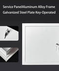 Heavy Duty Steel Access Panel Door, Lockable Reinforced Metal Frame With Spare Keys For Drywall Ceiling Attic Wall Mounts, Outdoor Kitchen Ready, Built Like A Tank - Key and frame details shown.