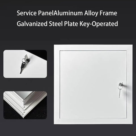 Heavy Duty Steel Access Panel Door, Lockable Reinforced Metal Frame With Spare Keys For Drywall Ceiling Attic Wall Mounts, Outdoor Kitchen Ready, Built Like A Tank - Key and frame details shown.