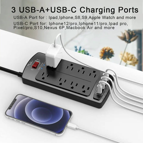 Heavy Duty 10 Foot Surge Protector Power Strip With 8 Outlets And 4 USB Ports 2700 Joules Flat Plug Overload Protection ETL Listed For Home Office Dorm College School Black with USB-A and USB-C charging ports