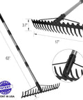 5.4 Foot Bow Rake Pro Grade Heavy Duty Garden Rake With Stainless Steel Handle And 17 Steel Tines For Loosening Soil Gathering Leaves