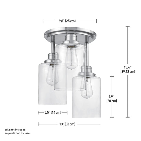 Three Light Semi Flush Mount Ceiling Light With Brushed Steel Finish And Clear Glass Shades E26 Socket Front Porch Lighting