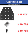 Packing list of 12 Pack 2040 Aluminum Extrusion T Bracket Joint Plate Corner With 12 Hole Design Durable Black V Slot Hardware Kit With T Nuts And Screws For 2040 Profiles Ideal For 3D Printer Frames And DIY Projects showing black bracket, nuts, and screws.